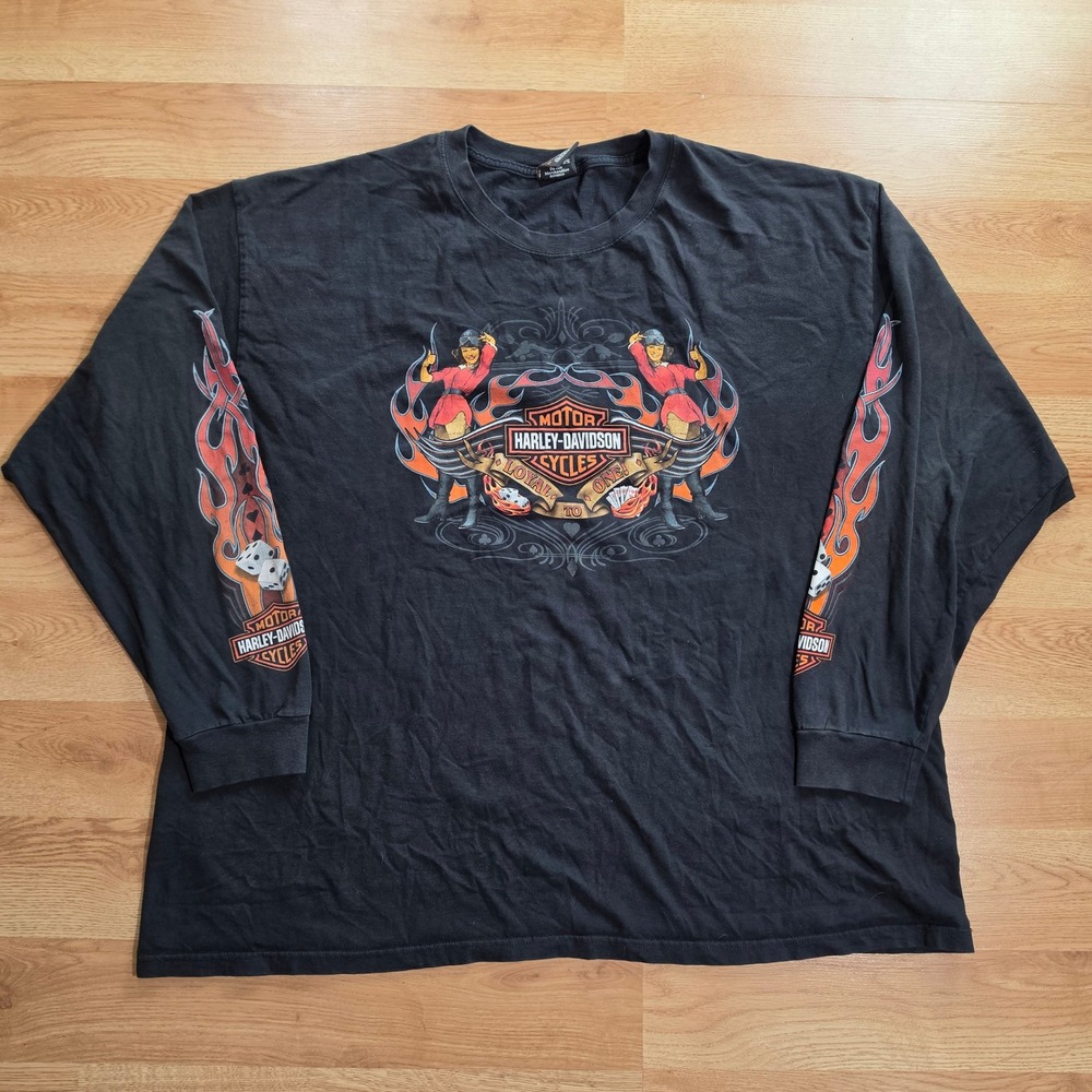 Harley-Davidson T-Shirt Mens 3X Black Las Vegas Pinup Girl Flame Long Sleeve Y2k